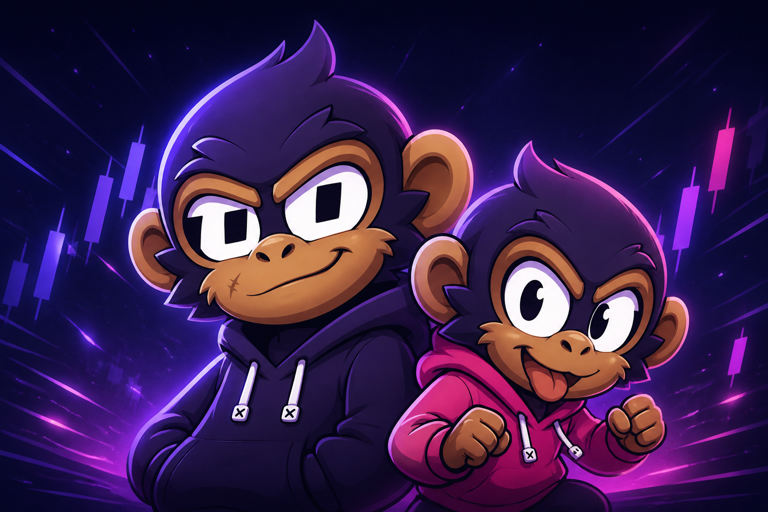 Two FOMO APE characters in purple and pink hoodies